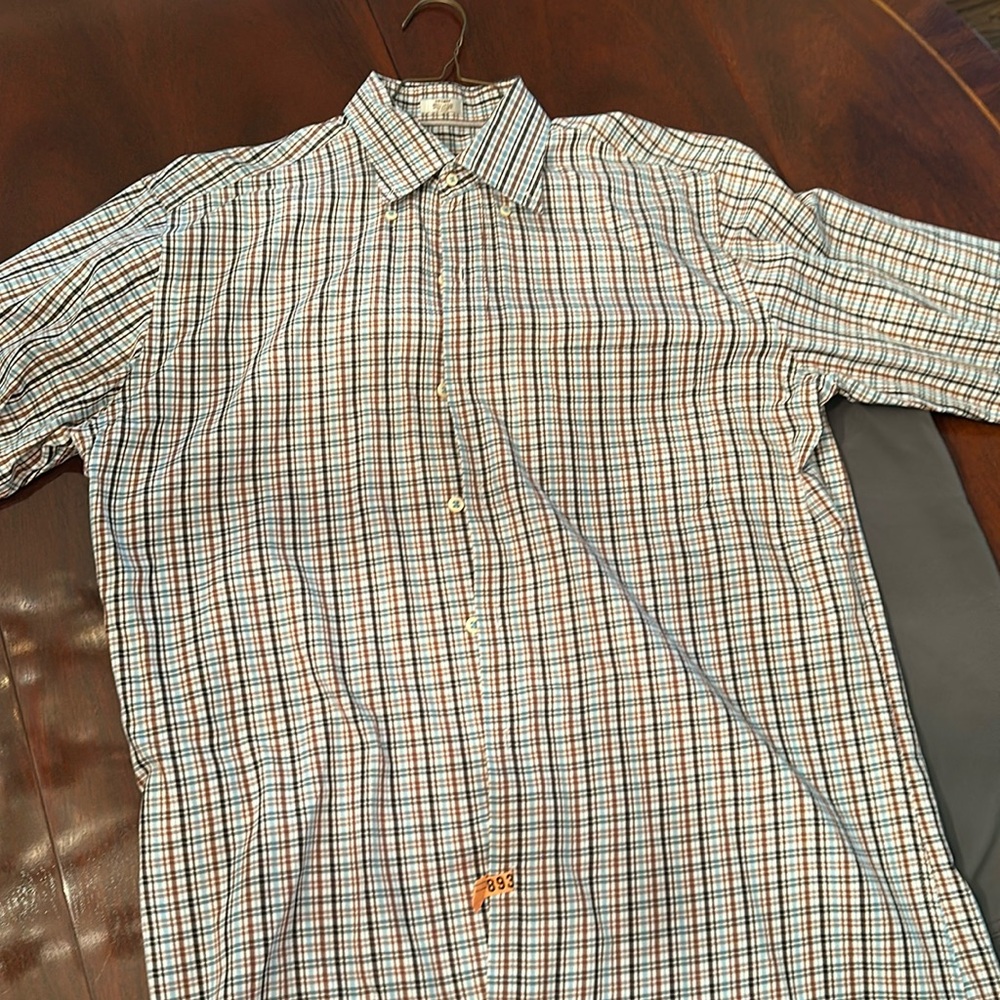 Peter Millar medium men’s button down shirt: brown and blue small plaid